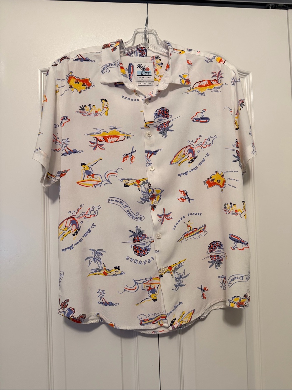 Denim & Flower White Casual Button-Down Shirt with Yellow & Blue Surf Motifs
